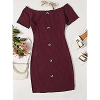 Dresses for Women Off Shoulder Button Front Lettuce Edge Dress (Color : Maroon, Size : Medium)
