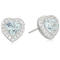 Amazon Collection Sterling Silver Birthstone and Created White Sapphire Halo Heart Stud Earrings