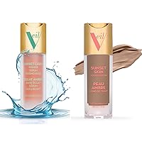Veil Cosmetics | 1 Sunset Skin Liquid Foundation + 1 Sunset Light 3-in-1 Primer | 4N | Buildable Coverage, Lightweight & Brightening | Serum, Mixing Base, Primer | Water-Resistant | Vegan