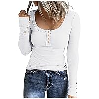 Cute Fall Outfits for Women Button Down Scoop Neck Long Sleeve Fall Fashion Women Classic Ribbed Tops for Women