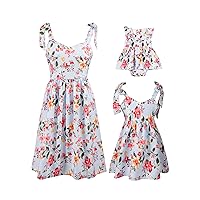 PopReal Mommy and Me Floral Printed Dresses Shoulder Straps Bowknot Chiffon Sleeveless Matching Outfits