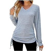 Womens Long Sleeve Tops 2023 2024 Solid Color Ruched V Neck Tee Shirts Leisure Office Fall Winter Clothing Tunics