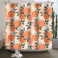 Renaiss 72x72 Inch Orange Shower Curtain Fresh Cute Fruit Green Leaves White Floral Shower Curtain for Bathroom Modern Decor Fabric Cloth Polyester Waterproof Set with Hooks