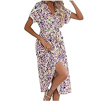 Women's Summer Wrap Maxi Dress Casual Boho Floral V Neck Short Petal Sleeve Flowy Ruffle Hem Split Beach Long Dresses