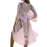 Blooming Jelly Womens Bathing Suit Cover Up 3/4 Sleeve Mesh Swimsuit Coverup Long Floral Beach Lace Kimono Summer Cardigan