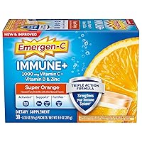 Emergen-C Immune+ Triple Action Immune Support Powder, BetaVia (R), 1000mg Vitamin C, B Vitamins, Vitamin D and Antioxidants, Super Orange – 30 Count (Pack of 1)