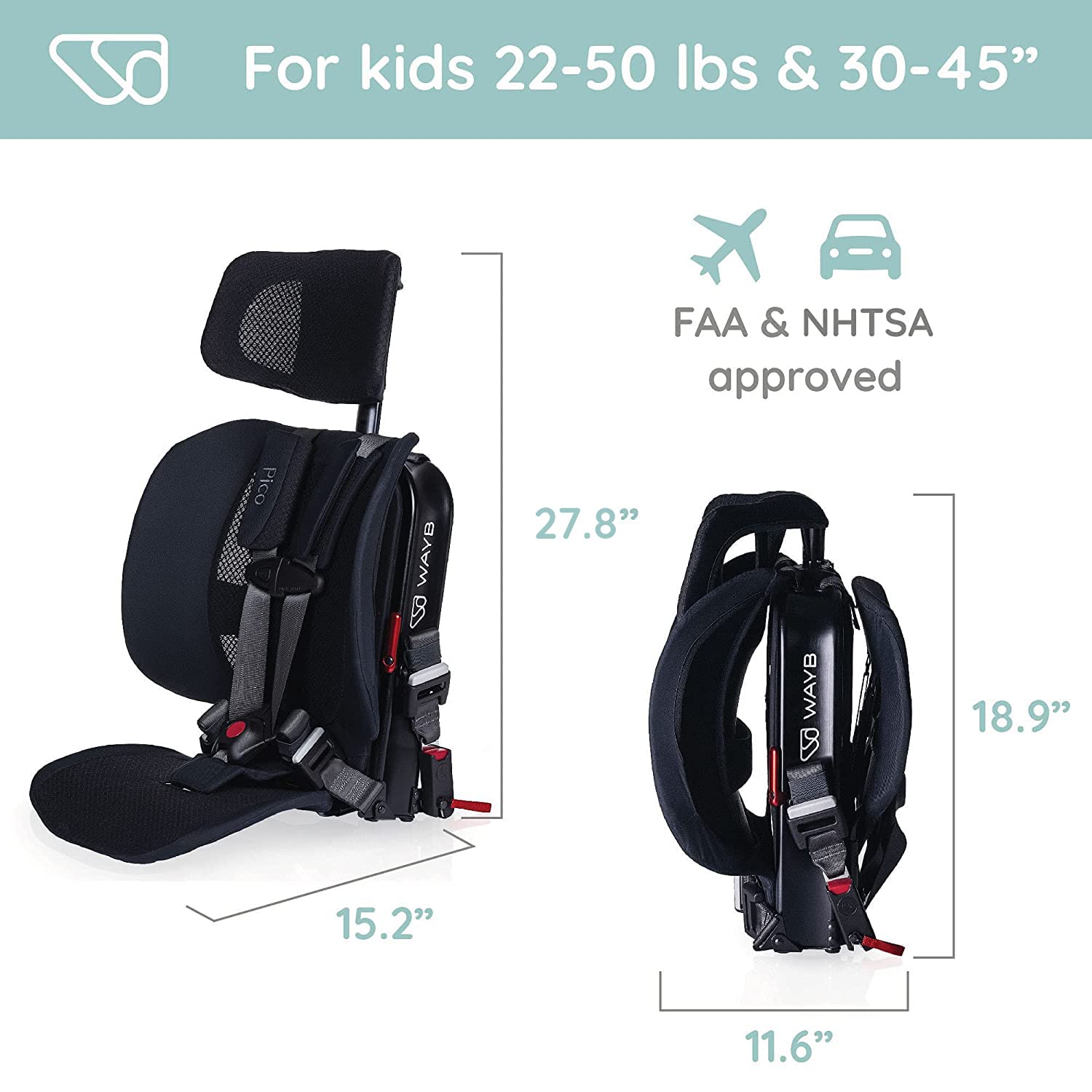 WAYB Pico Travel Car Seat with Standard Carrying Bag - Lightweight, Portable, Foldable - Perfect for Airplanes, Rideshares, and Road Trips - Forward Facing for Kids 22-50 lbs. and 30-45”