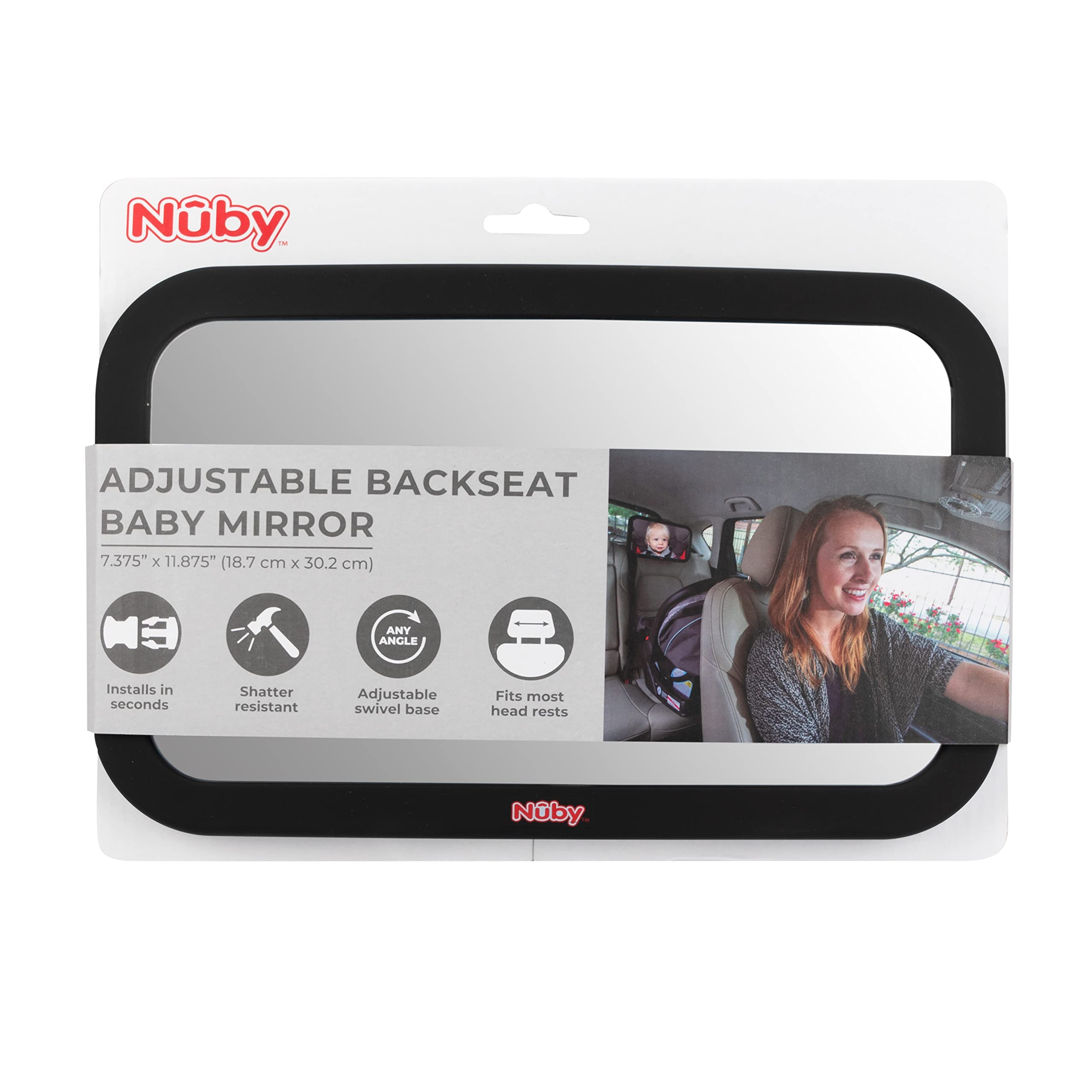 Nuby Adjustable Backseat Baby Mirror with Swivel Base for Easy Viewing, Quick Install, Shatter Resistant, Black