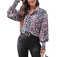 Womens Casual Button Down Shirts Printed Boho Long Sleeve Blouses Loose Fit Work Office Tops Spring Summer Outfits