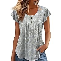 Prime Amazon Online Shopping Pink Tops for Woman Sequin Women Women's Fashion Black Women's Summer Top, Ruffled Short Sleeved Pleated Button Round Neck Shirt Casual Loose Tunic Top (gy，XL)