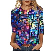 Novelty Geometric Shirts for Women 2024 Trendy Y2k Blouse 3/4 Sleeve Crewneck Pullvover Casual Loose Fit Tops
