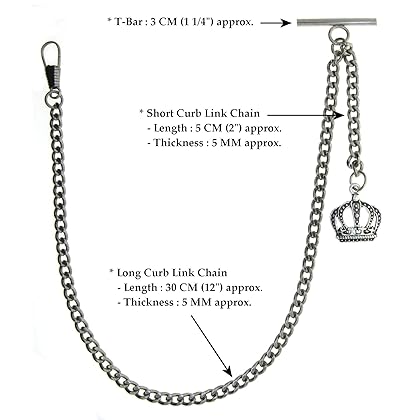 Albert Chain Silver Color Pocket Watch Chains for Men with Crown Design Fob T Bar AC04