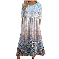 Womens Bohemian Floral Print Maxi Dress Short Sleeve Long Dress Summer Casual Loose Fit Flowy Dresses with Pockets