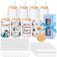 Sublimation Glass Blanks With Bamboo Lid, 16OZ Frosted Sublimation Beer Can Glass with Glass Straws Gift Box Mason Jar Cups Mug Travel Tumbler for Beer, Juice, Soda, Iced Coffee, Drinks(8 PACK)