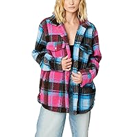 [BLANKNYC] womens Plaid Faux Sherpa Shirt Jacket With Pockets Shacket, Beyond the Mood, X-Large US