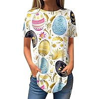 Women's Easter Outfit Fashion Casual Positive Shoulder Round Neck Print Short Sleeve Pullover T-Shirt Top, S-3XL