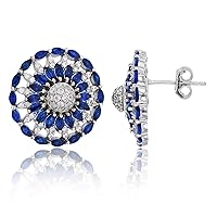 Sterling Silver Rhodium Marquise Sapphire & Round White Cubic Zirconia Spider-Web Stud Earring