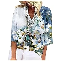 Ladies 3/4 Sleeve Tops and Blouses Women Vneck Floral Blouse Loose Fit Tunic Top Dressy Casual Vintage Graphic Tees