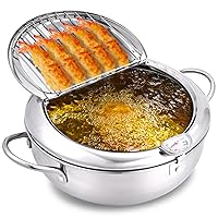 deep Fryer Pot,304 Stainless Steel with Temperature Control and Lid Japanese Style Tempura Fryer Pan Uncoated Fryer Diameter: 9.4