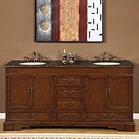 Silkroad Exclusive Baltic Brown Granite Stone Top Double Sink Bathroom Vanity Cabinet, 72