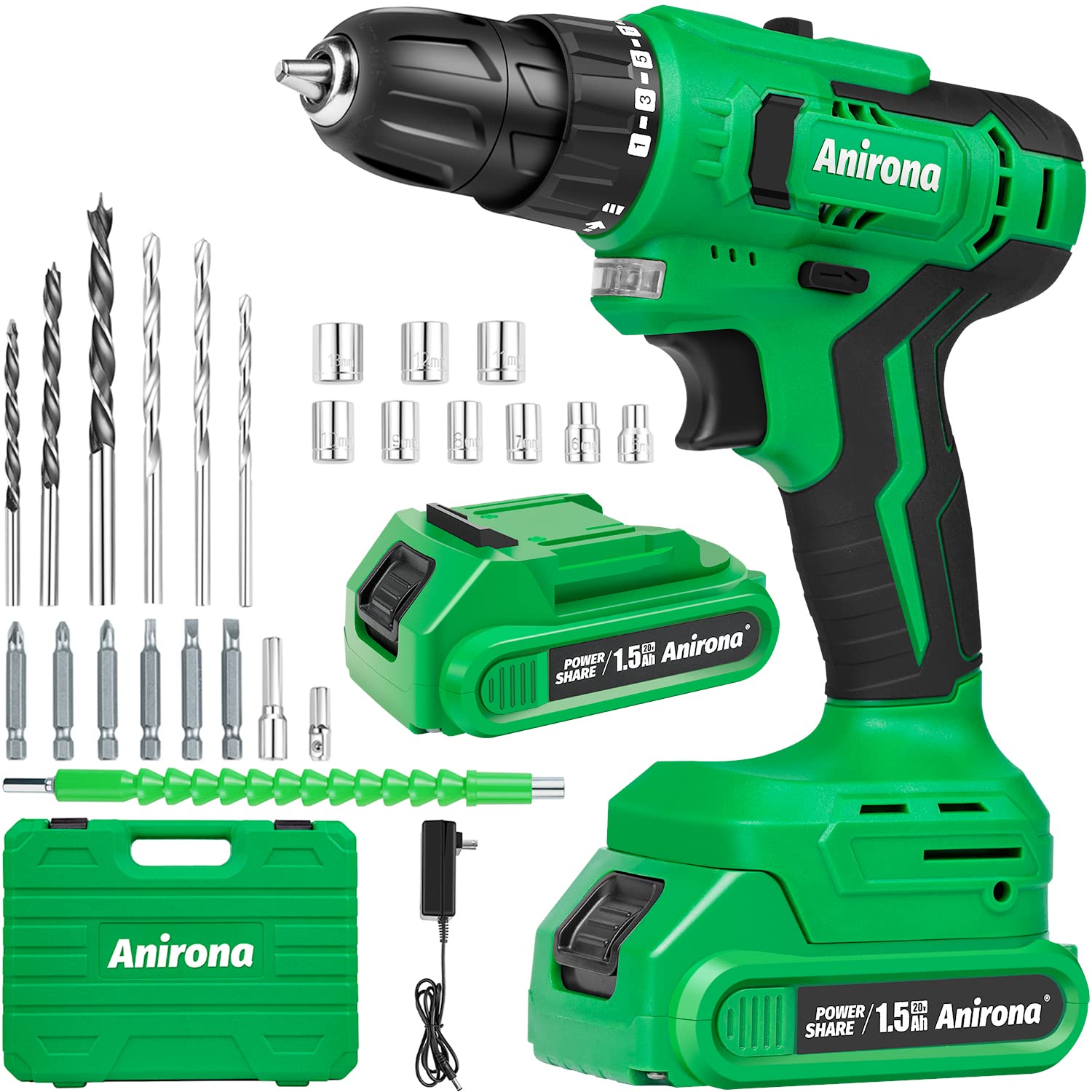 Anirona Cordless Drill Set, 20V Cordless Drill with Battery and Charger, 350 In-lb Torque, 3/8″Keyless Chuck, 2 Variable Speed, Fast Charger, 30pcs Bits Accessories with Case