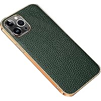 Case for iPhone 14/14 Plus/14 Pro/14 Pro Max, Genuine Leather Slim Flexible Plated TPU Bumper Back Cover with Camera Protection Phone Case (Color : Green, Size : 14Pro)
