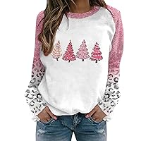 Christmas Trees Pink Sweatshirt Women Merry Christmas Patchwork Shirt Plaid Leopard Graphic Long Sleeve Pullover Top