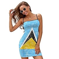 Paisley and Saint Lucia Flag Slim Slip Dress for Women Sexy Mini Dress Backless Sundress Summer Dresses