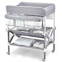 Portable Baby Changing Table with Wheels, Babevy Foldable Diaper Change Station with Adjustable Height, Cleaning Bucket, Diaper Changer for Newborn Infant Mobile Nursery Organizer, KH02-Grey