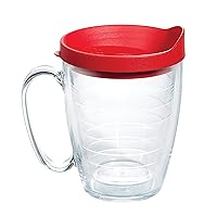Clear & Colorful Lidded Made in USA Double Walled Insulated Tumbler Travel Cup Keeps Drinks Cold & Hot, 16oz Mug, Red Lid