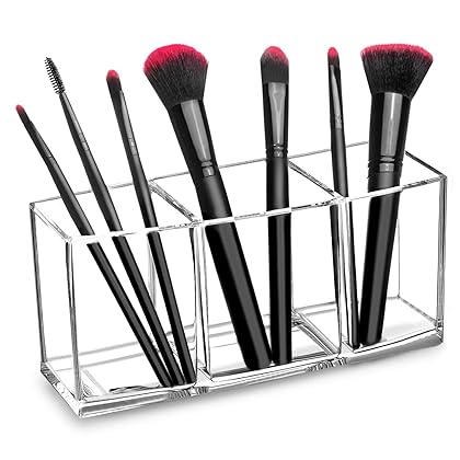 HBlife Clear Makeup Brush Holder Organizer, Acrylic Cosmetic Brushes Storage with 3 Slots, Eyeliners Display Case for Vanity