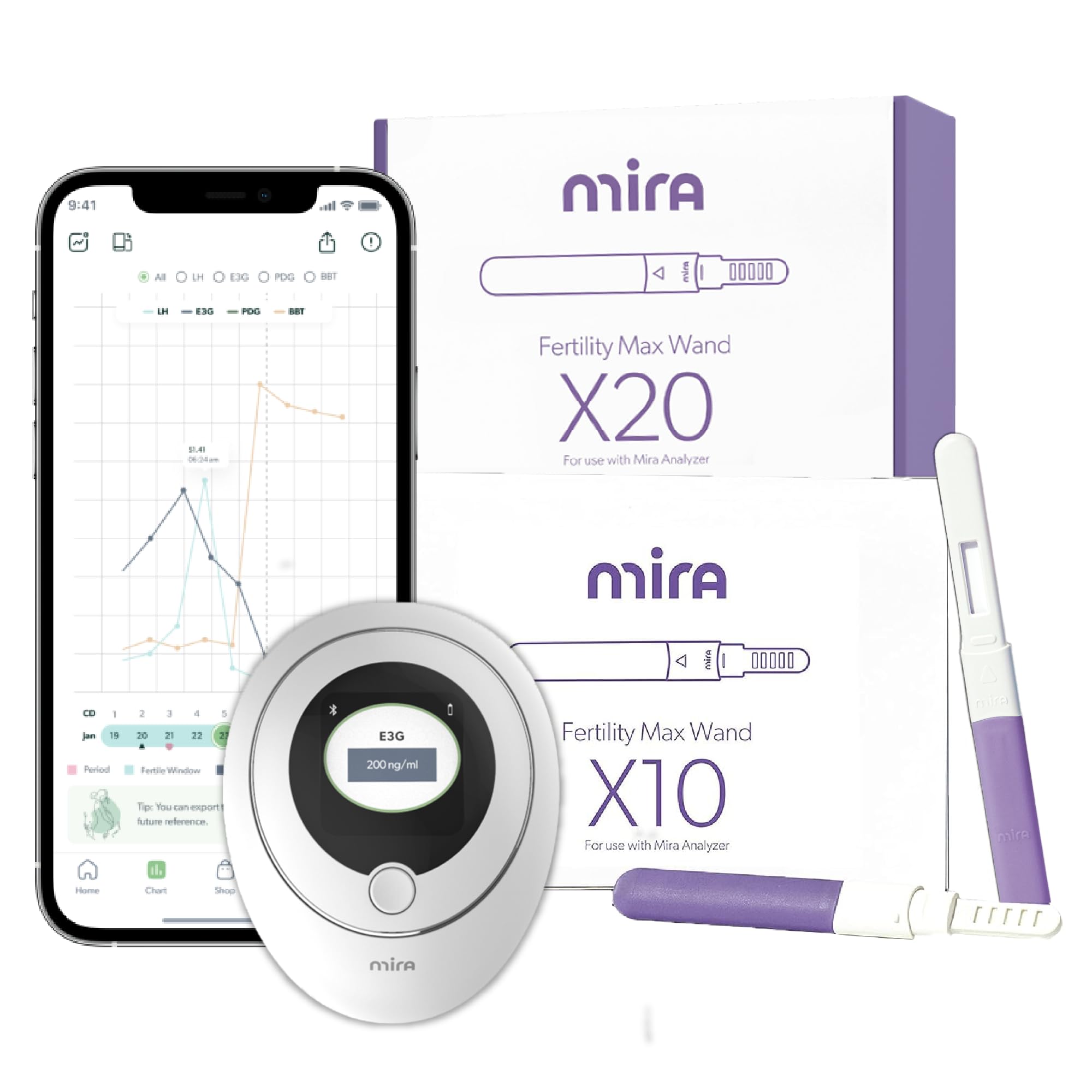 Mira MAX Bundle, Includes Digital Analyzer + 30 MAX Wands to Test LH, E3G, and PdG Hormone Levels, Predict & Confirm Ovulation and Fertility Window