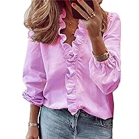 Andongnywell Women Casual Solid Color Ruffle Collar Long Sleeve Ruffle Blouse V Neck Short Sleeve Shirt Tops
