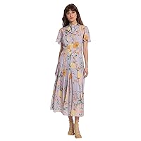 Donna Morgan Women's Floral Printed Short Flutter Sleeve Pleated Skirt Midi Dress with Neck Tie