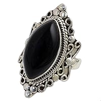 NOVICA Artisan Handmade Onyx Cocktail Ring .925 Sterling Silver from India Black Birthstone 'Lover's Midnight Gaze'