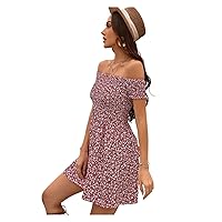 Women's Summer Dresses Ditsy Floral Off Shoulder Shirred Flared Hem A-Line Mini Dress