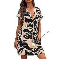 Women's Spring Dresses 2024 Fashion Loose Color Printed Blouse Button Short-Sleeved Blouse Dress, S-2XL
