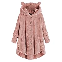Women's Long Sleeve Cat Ear Hoodies Ladies Hoodie Fleece Solid Color Button Hooded Warm Winter Pink