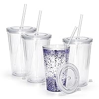 sweet grain Acrylic Tumbler with Lid and Straw 16oz Double Wall Plastic Insulated Tumblers Set of 4, Reusable Large Iced Coffee Tumbler for Snow Globe Glitter DIY