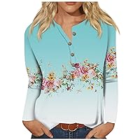 Workout Tops for Women Button Crewneck Tee Shirts Floral Printing Loose Fit Work Blouses Long Sleeve Fall Sweater