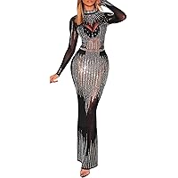 Womens Sexy Long Sleeve Mesh See Through Rhinestone Slim Maxi Dress Evening Formal Dress