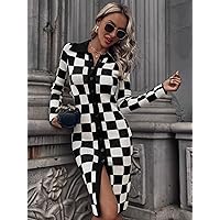 Sweater Dress for Women - Button Front Checked Sweater Dress (Color : Black and White, Size : Medium)