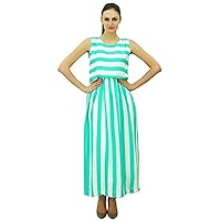 Bimba Women Green Long Sleeveless Maxi Dress Stripe Print Rayon Beach Holiday Dresses