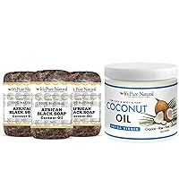 Bundle of Extra Virgin Organic Unrefined Raw Coconut Oil (16 oz) for Skin with Coconut Oil (Pack of 3) Soap for Face & Body, Acne Treatment & Dark Spot Remover