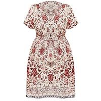 Sexy Red Dress for Women,Ladies Plus Size V Neck Flower Print Summer Short Sleeve Solid Color Stitching High Wa