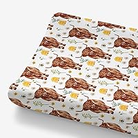 Spring Highland Cow Daisy Flower Changing Pad Covers for Baby Girls, Western Farm Animal Honey Bee Diaper Change Table Sheet, Soft Stretchy Safe Snug Fitted Changing Mat Fit 32