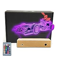 Race Sports Car Roadster 3D Illusion LED Table Lamp Decor Night Light with Wooden Base,16 Colors Remote Bedroom Decorations Toys Gifts for Fathers,Dad,Mothers,Kids,Boys,Girls,Teens
