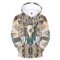 WENKOMG1 Mens Ethnic Printed Hoodies Long Sleeve Native Style Graphic Pullover Winter Fall American Indian Sweatshirt