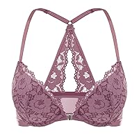 DOBREVA Women's Push Up Bra Racerback Front Closure Bras Lace Padded Underwire Plunge Floral