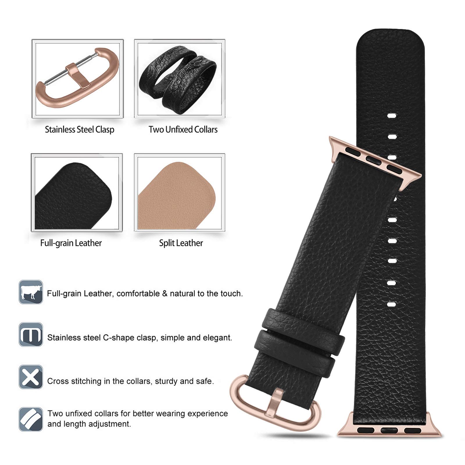Fullmosa Leather Band Compatible with Apple Watch 38mm 40mm 41mm 42mm 44mm 45mm Women Band Strap with Rose Gold Buckle for iWatch SE2/SE/Ultra 49mm/8/7/6/5/4/3/2/1, 42mm 44mm 45mm Black